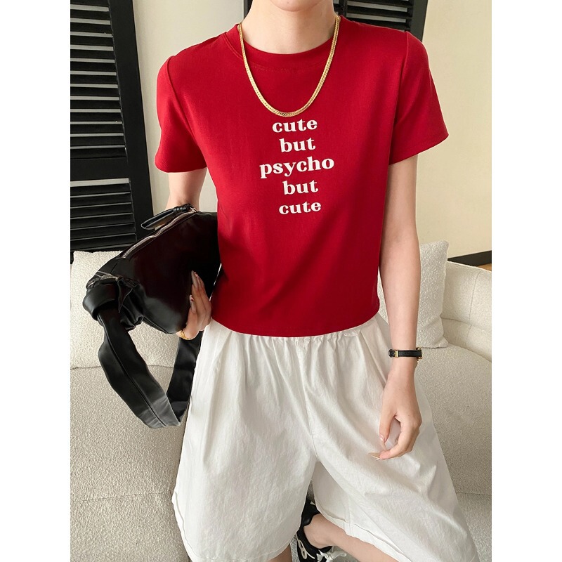 Sinnan Blogger Style Tencel Wool Blend Color-Blocked Letter Print Regular Shoulder Short-Sleeve T-Shirt Sn8842