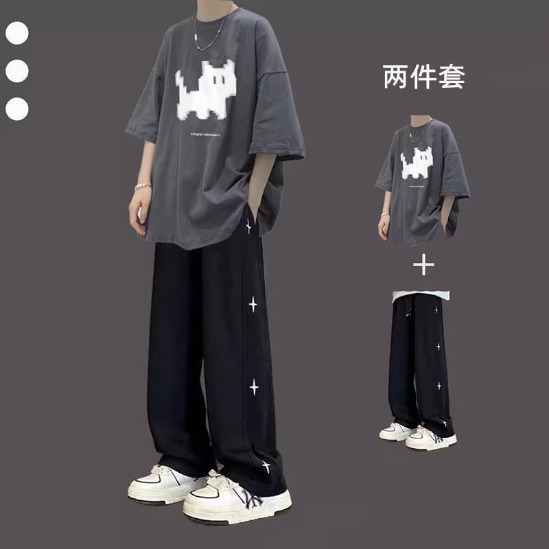 Hong Kong Style Loose Short-sleeved T-shirt Men's Summer suit Teenager Puffian Handsome Men's Wear Set Student Two-piece Set