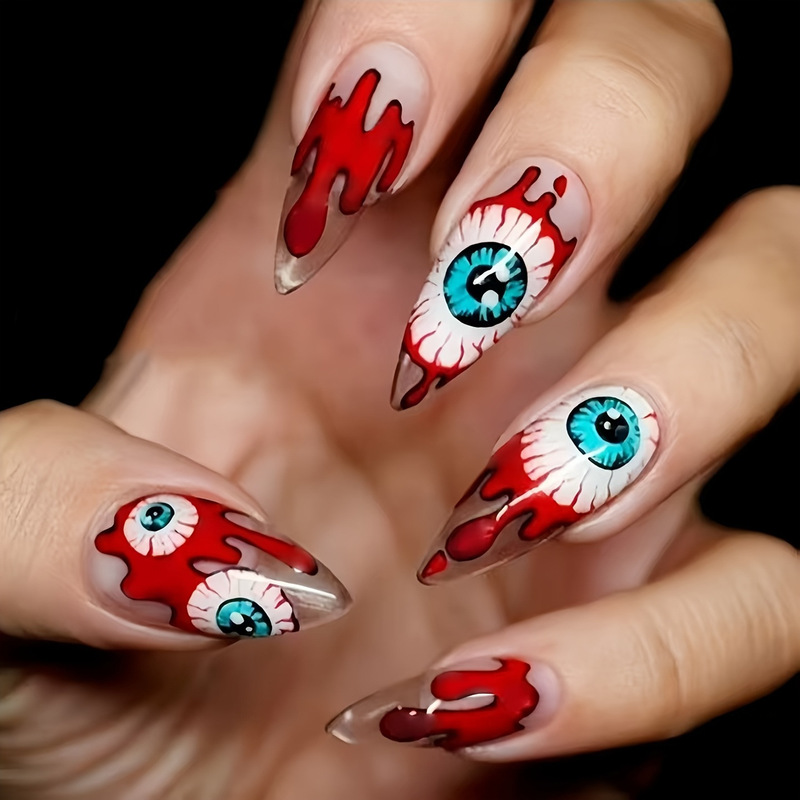 24 Pieces of Halloween-Style Horror Blood-Eye Artistic Wearable Nails, Removable Nail Art