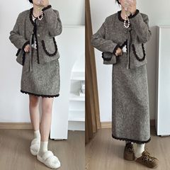 2大码女装时尚加厚小香风外套半身裙两件套200斤胖MM洋气套装8202