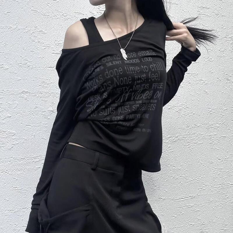 Now/Bohe*Seo Old Blurred Letter Printed Round Neck Long-Sleeved Versatile Bottoming Shirt