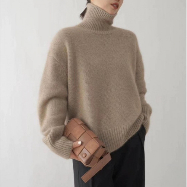 European-Style Cross-Border Autumn and Winter Turtleneck Sweater for Women, Loose-Fitting Foreign Trade Knit Pullover, Lazy Style Base Shirt, Women's Top in Coffee Color