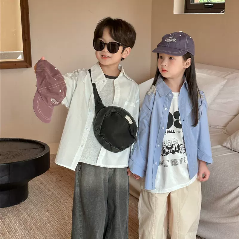 儿童衬衫2025秋季新款韩版男童纯色翻领衬衫女童水洗棉休闲衬衣