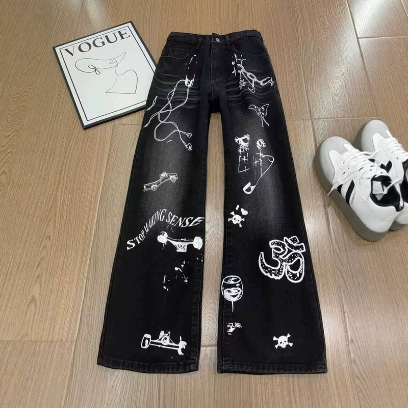American-Style Graffiti Gradient Design Wide-Leg Jeans, Straight Loose Fit, Slimming Effect, Petite Wide-Leg Pants for Women, Summer Thin Style