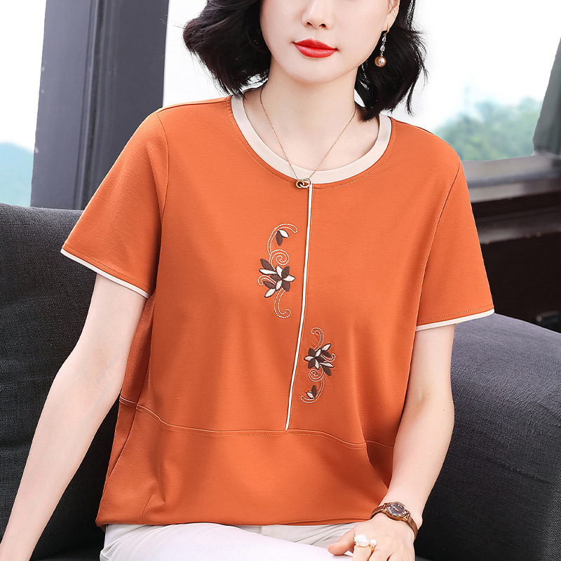 2025 Mother Summer Short-sleeved Crewneck Top Color-matching plus size 40-year-old Women's Summer T-shirt Cotton Embroidered