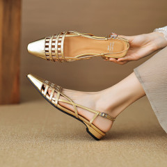 春祺夏安！2024新手工製作牛皮真皮編織風低跟一字帶包頭涼單鞋女