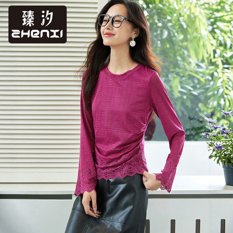 Zhenxi's New Elegant Lace Splicing Lace Shirt Top Women's Long-Sleeved Slim Waist Round Neck T-Shirt Sr083 Zhenxi's New Elegant Lace Splicing Lace Shirt Top Women's Long-Sleeved Slim Waist Round Neck T-Shirt Sr083