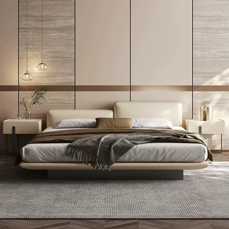 意式极简豆腐块真皮床轻奢高端主卧皮床现代简约高低软靠包悬浮床
