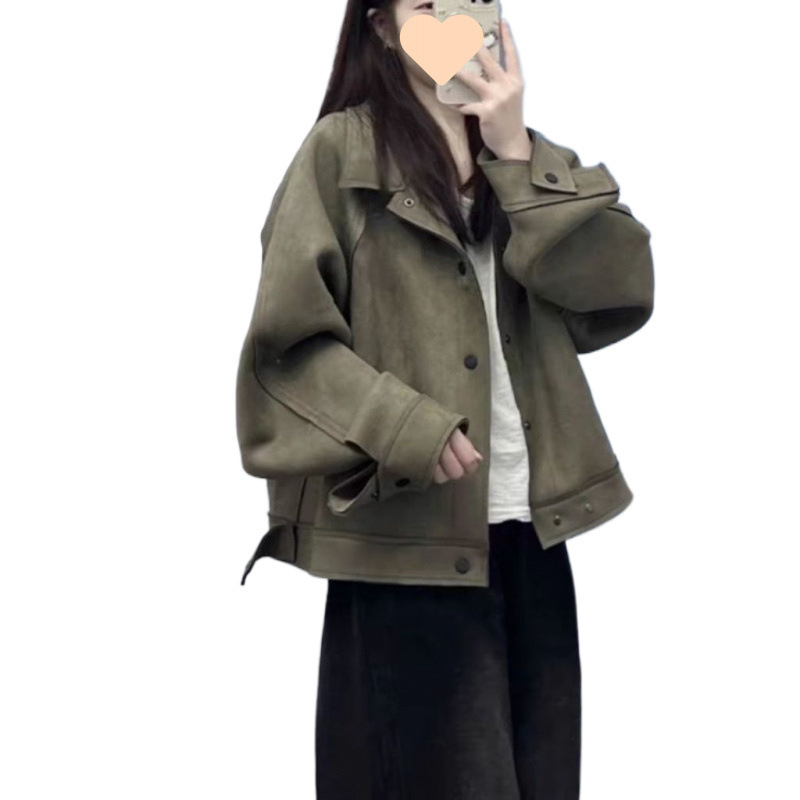 2025春季仿麂皮绒外套女春秋美式复古机车夹克工装小众设计感外套|undefined