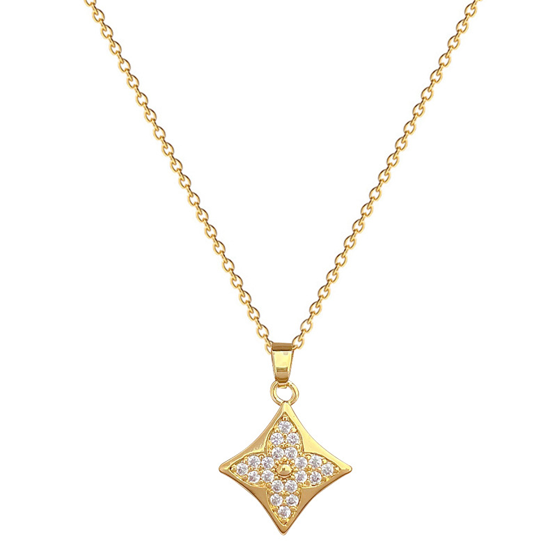 【 Titanium Steel 】 Necklace and earring set, light luxury diamond-shaped four-leaf flower full diamond, personalized and elegant banquet earrings and necklace set pic 18