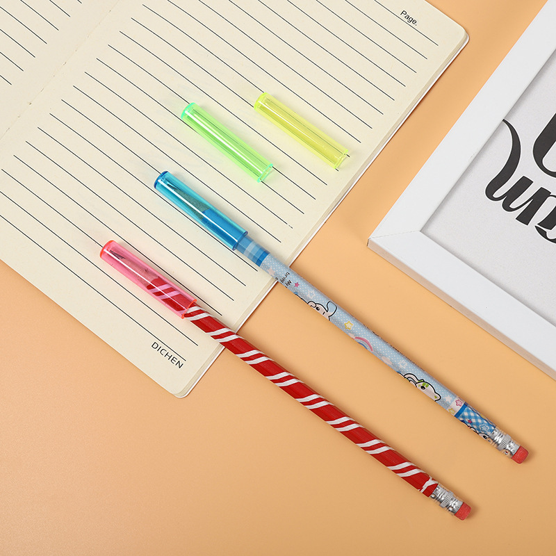 Agarre de lápices, color caramelo, juego de funda de color transparente, funda de lápiz, casco de bolígrafo creativo transparente, tapa de seguridad, papelería al por mayor