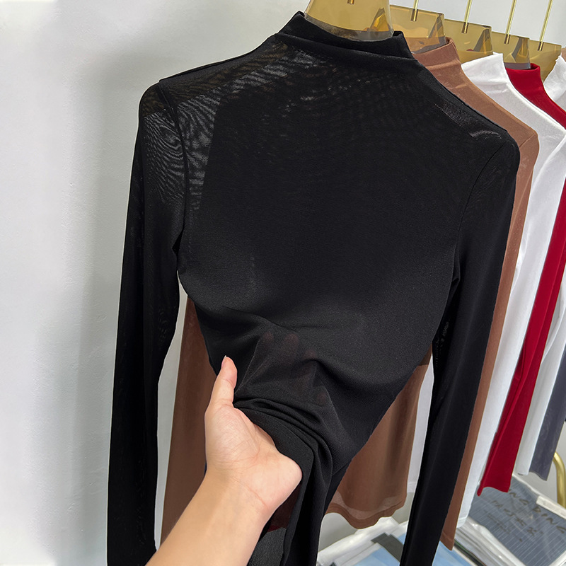 Half-high Collar Mesh Base Shirt Women's Long-sleeved Thin 2024 Autumn Black Transparent Shirt Slim-fit Lace Top