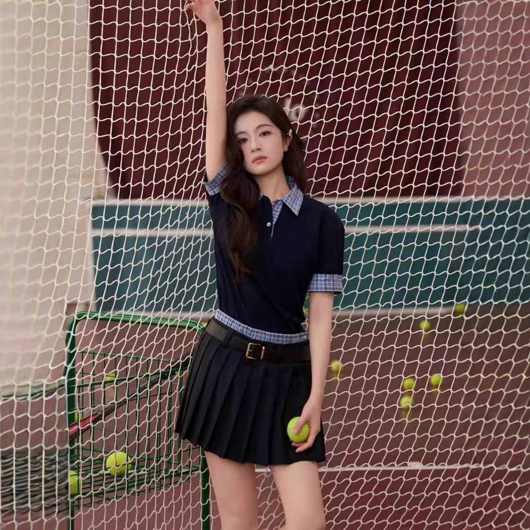 High Version in stock Fake Two-Piece Stitching Polo Collar Short-Sleeved T-Shirt Women's Age-Reducing College Style Top Couple's Short-Sleeved Trendy