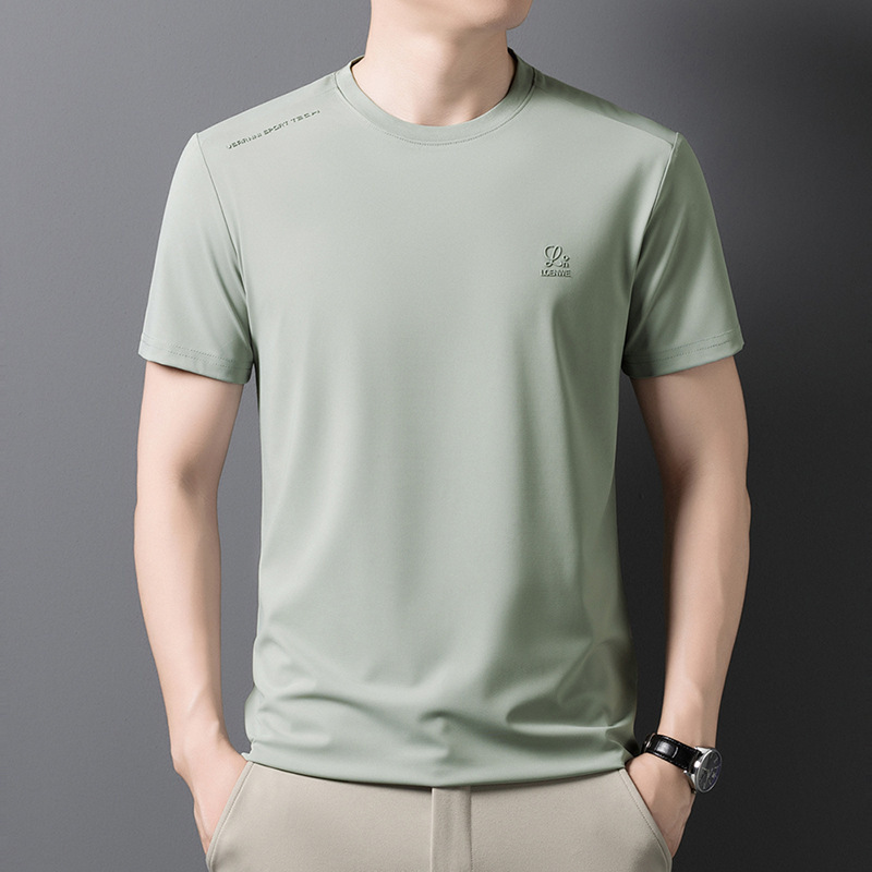 涼しい通気性のある生地ラウンドネック半袖 Tシャツメンズ夏ルーズカジュアルアイスシルク半袖 Tシャツ紳士服|undefined