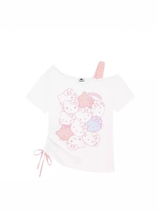 ニッチかわいいキティ猫プリントリボンオフショルダー半袖Tシャツレディーススリムオフショルダー不規則トップ|undefined