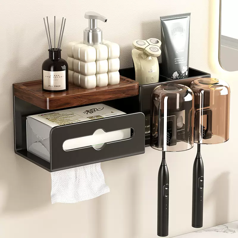 胡桃木牙刷置物架卫生间免打孔浴室洗漱台洗脸纸巾漱口杯收纳架子