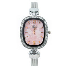 外貿時尚貝殼錶盤鑲鑽橢圓形女士手錶女表米蘭帶網帶廠家批發