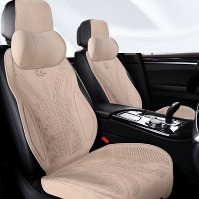 Suede Car Seat Cushion, Universal: Seat cushion, seat cover - elegant-beige-full-set-for-5-seater-car-2-neck-pillows