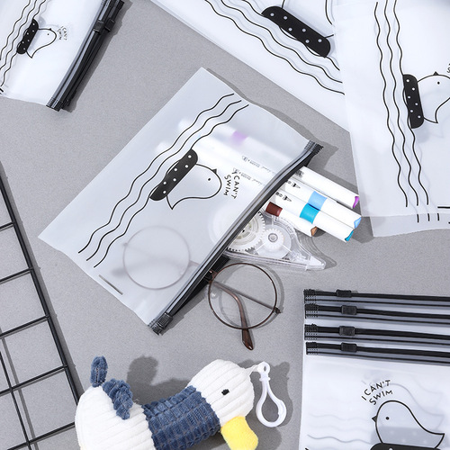 Cartoon chicken semi-transparent frosted self-sealing zipper bag pen accessory bag rubber band edge storage plastic bag