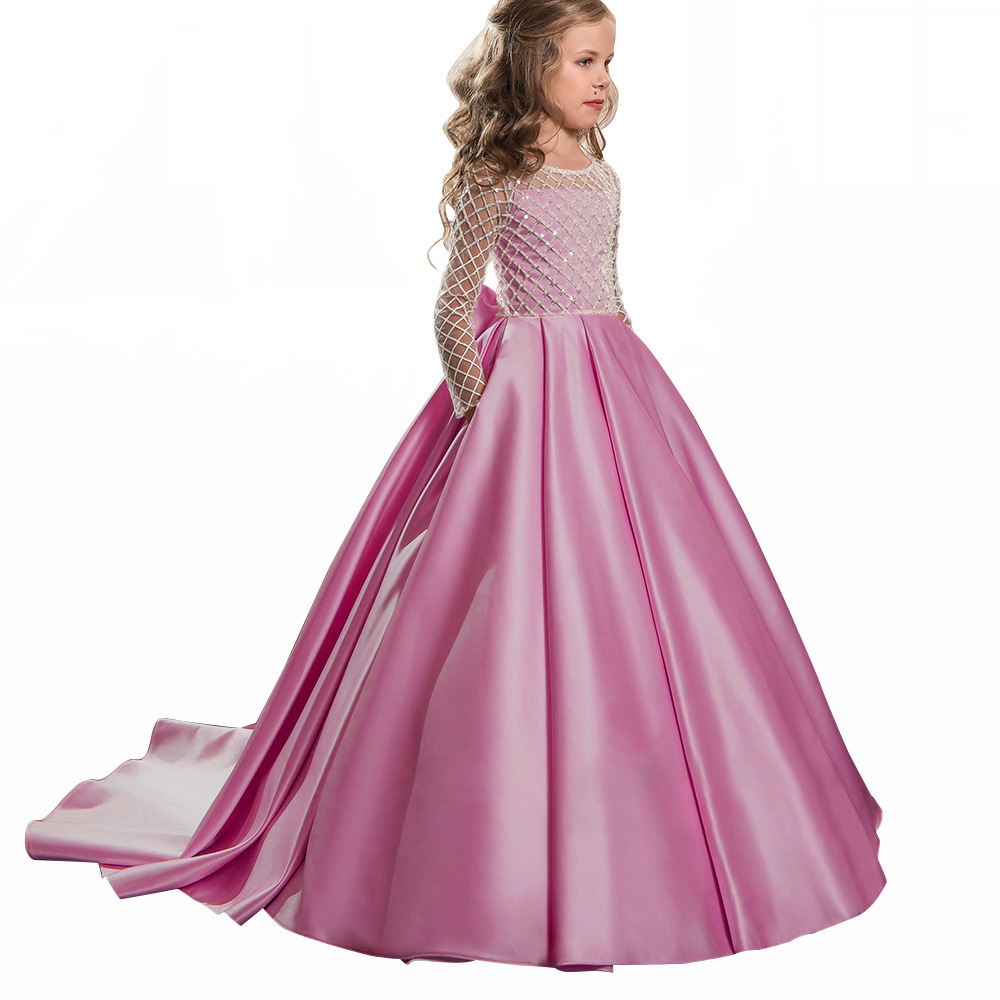 Comercio exterior transfronterizo nueva ropa para niños vestido para niños niñas encaje satén arco pequeño vestido de princesa de niña de flores