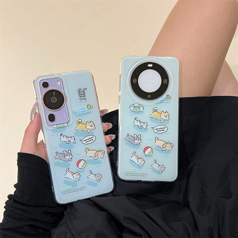 夏日可愛游泳狗狗貓咪適用華為mate60Pro手機殼P40雙層mate50女款