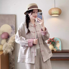 新中式綿麻シャツ レディース 秋服 新作 ゆったり長袖ジャケット ジャカード長袖唐装 禅風ボタン留めカーディガン