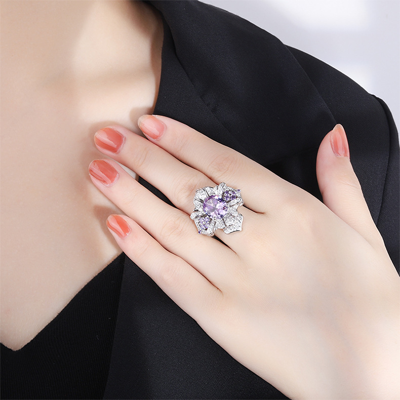 Fashion Flower Brass Inlay Zircon Rings 1 Piece