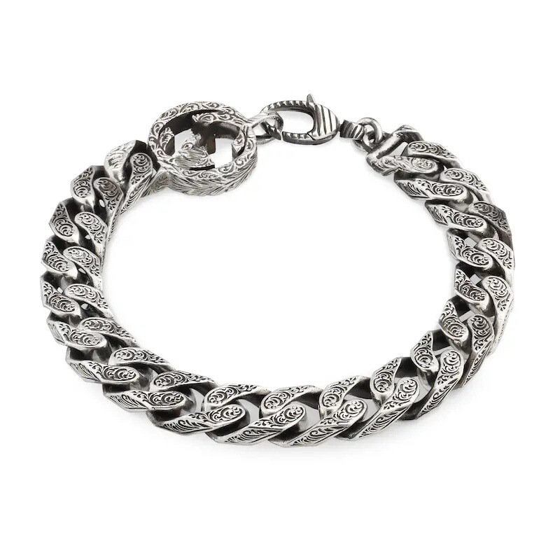 Ancient Style 925 Double g Interlocking Vine Carving Pattern Cuban Bracelet, Vintage Distressed Hip-Hop Versatile Personality Chain