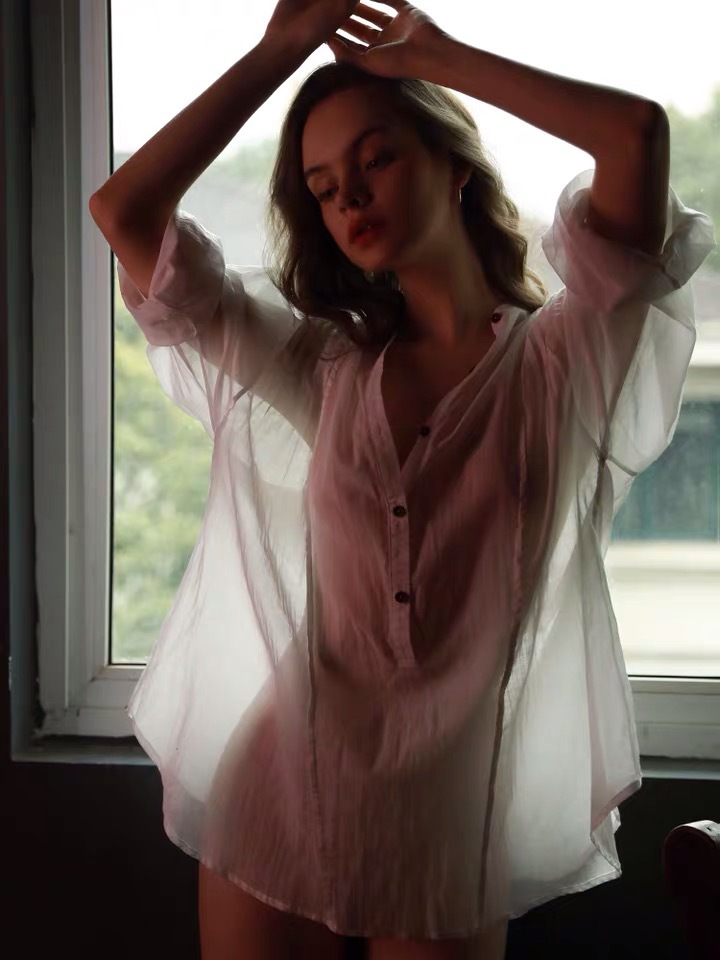 男友風性感白色長袖襯衫睡衣女春夏薄款透明睡裙寬松可外穿家居服