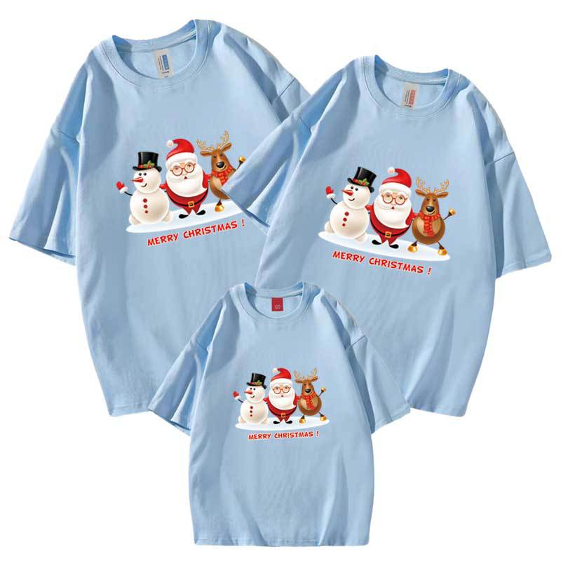 Ropa para niños Feliz Navidad padre-hijo Camiseta manga corta Nuevo 2024 nuevo tres boca cuatro boca hombres y mujeres transfronterizos