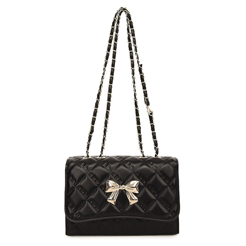 One-shoulder bag, diamond quilt pattern with bow, chain strap, western style