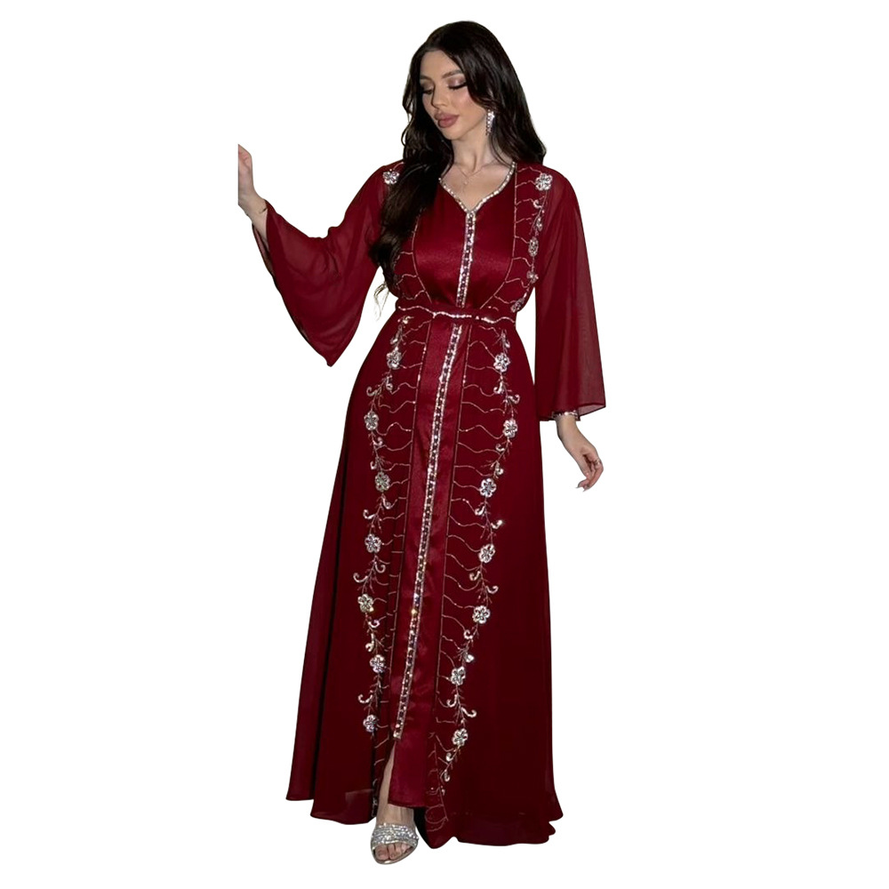 XQY500261 Four-Season Commuting Vest + Jacket Dress Chiffon Rhinestone Muslim Suit Robe_ecoleips.com