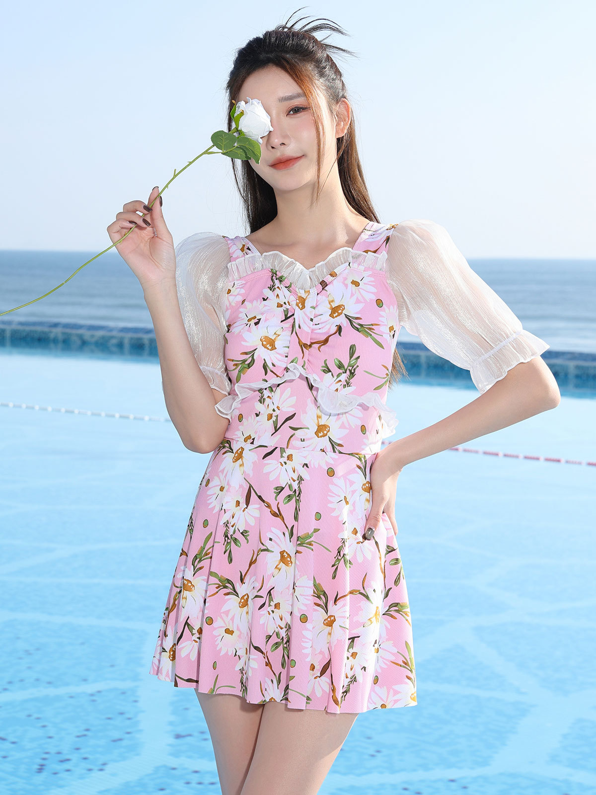 trajes de baño para mujeres 2024 nuevo hilo de malla media manga ligero cubrir el vientre para adelgazar trajes de baño conservadores de mujer spa