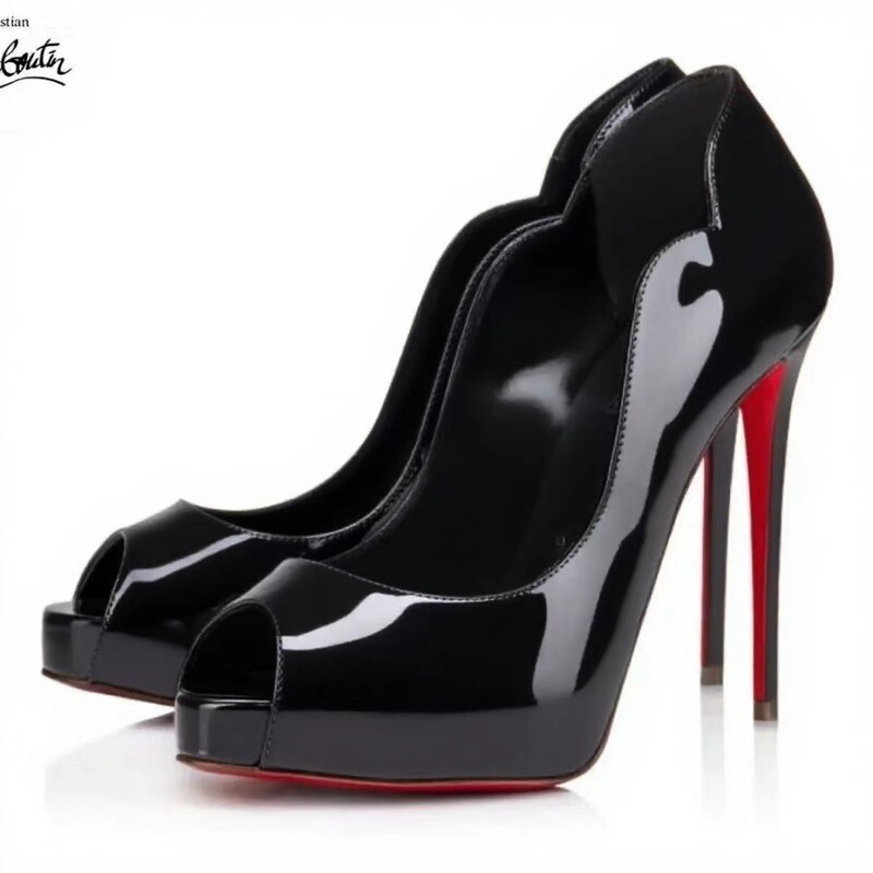 Black Patent Leather Peep-Toe High-Heeled Sandals for Women, with Thin Heels and Red Soles, Fashionable and Sexy, European and American Style, Suitable for Weddings and Dates