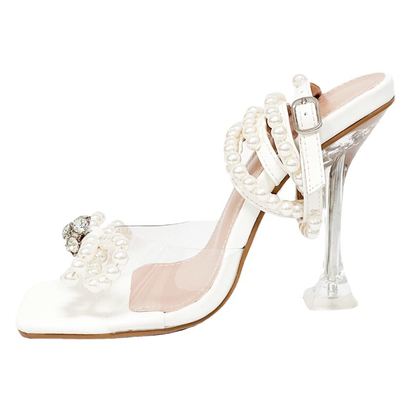 Босоножки на высоком каблуке для европейской и американской внешней торговли с бантом и жемчугом со стразами прозрачные женские туфли на высоком каблуке Amazon