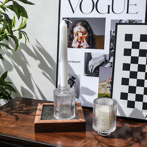 Nordic light luxury vertical pattern dual-use glass candle holder with candle and wax pouring, glass household home decoration item ornament