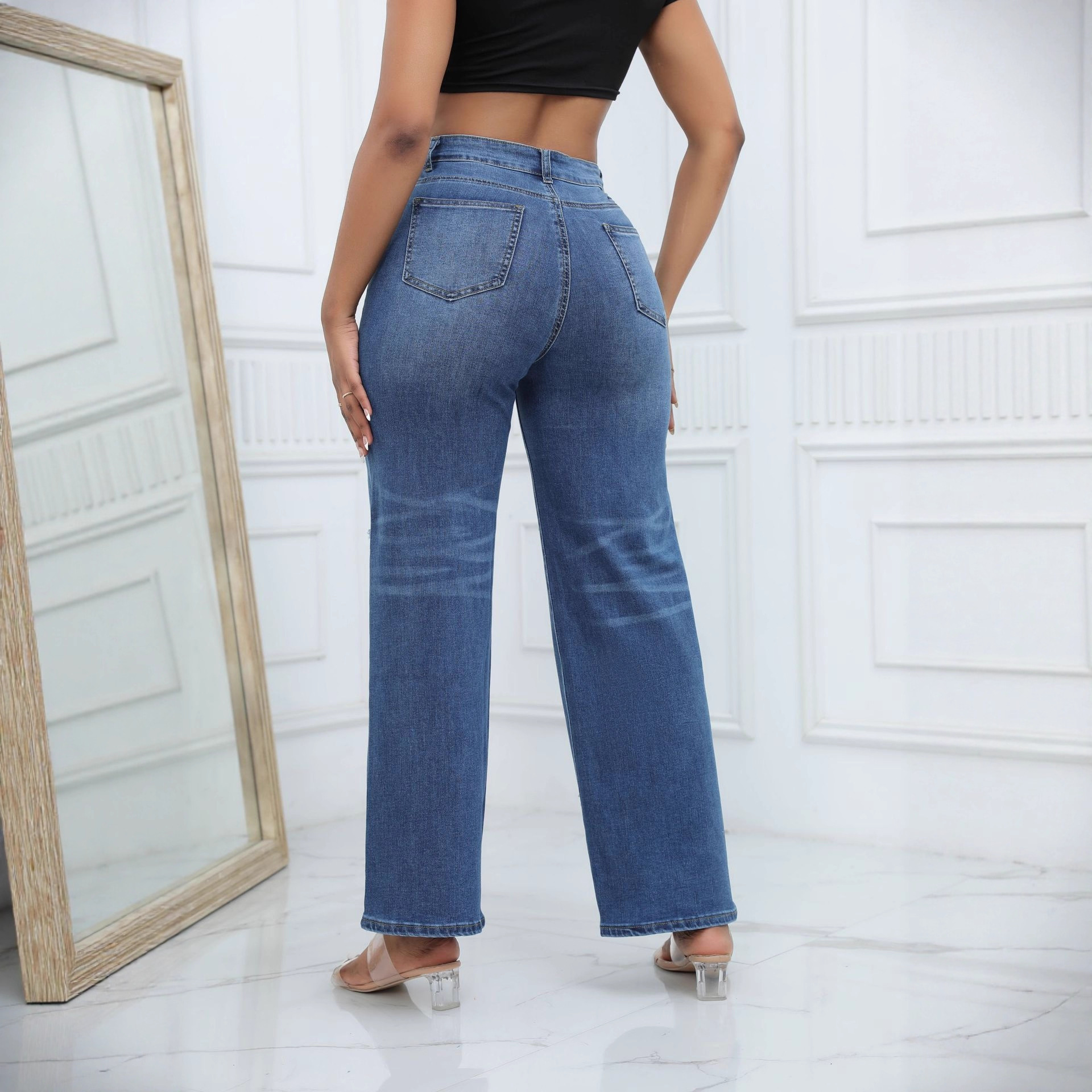 Jeans de Pierna Ancha para Mujer de Mezclilla de Algodón, Con Rasgados, De Alta Elasticidad