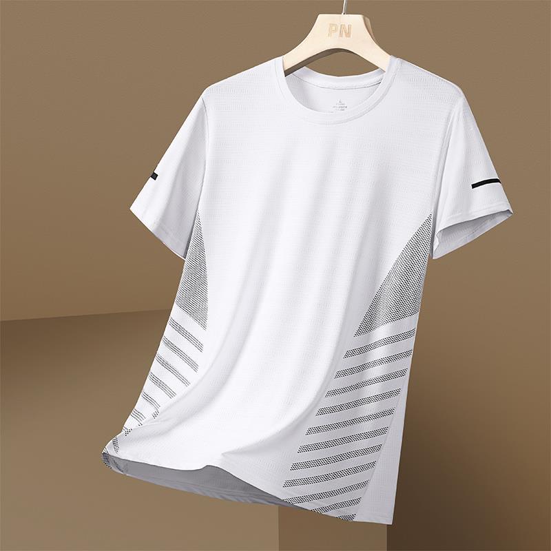 [Puesto en stock] Camiseta de manga corta de seda de hielo para hombre de verano delgada suelta deportes de secado rápido transpirable de alta calidad a rayas T
