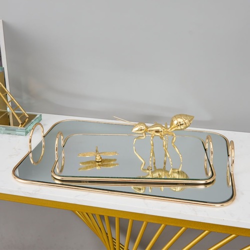 Ins Nordic-style gold-edged mirror glass tray, lightweight iron art storage tray for home living room, decorative and serving dish