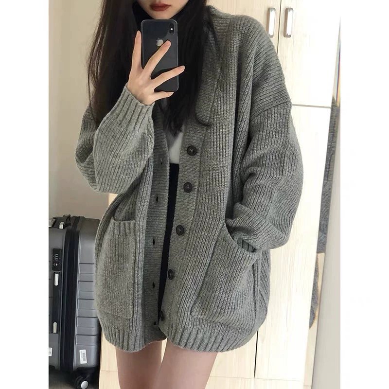 Вязаный осенний свитер, кардиган, жакет, стиль Chanel, свободный крой, V-образный вырез