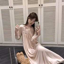 跨境批发莫代尔蕾丝边设计显瘦家居服韩国ins舒适垂感睡衣睡裙