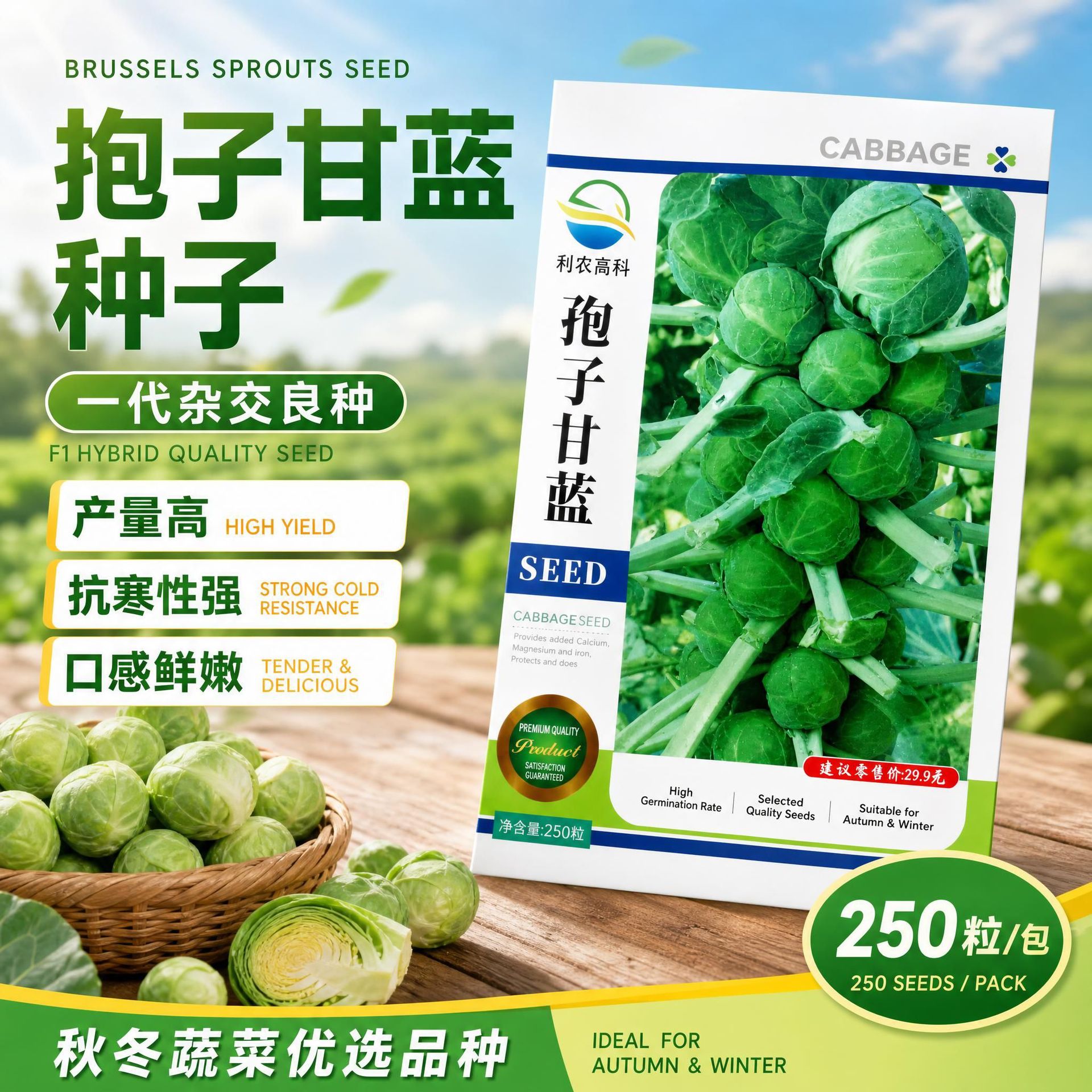 Brussels sprout seeds, autumn and winter vegetable seeds, first-generation hybrid variety, high-yielding, 250 seeds