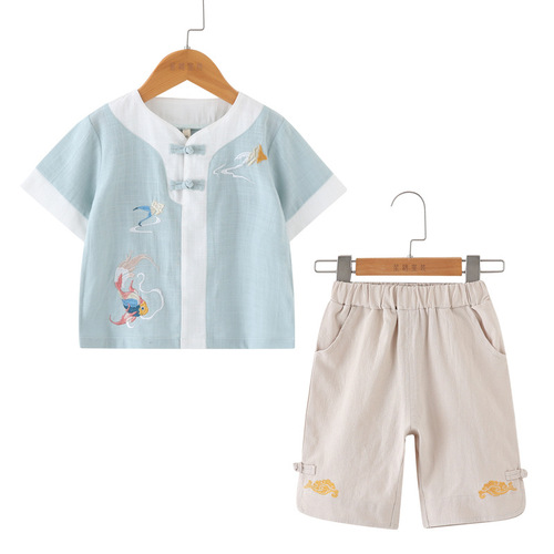 Children's Hanfu Chinese National Style Boys Tang Suit Baby First Birthday Tang Suit Zhuazhou Clothing Ancient Costume Summer Cotton Linen Set