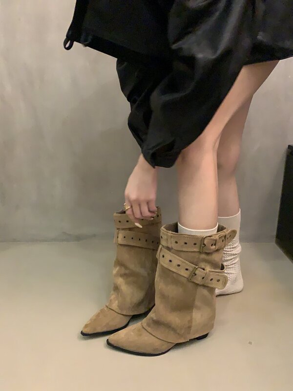 2025新品美式辣妹铆钉裤腿增高尖头短靴女秋冬新款西部牛仔靴|undefined