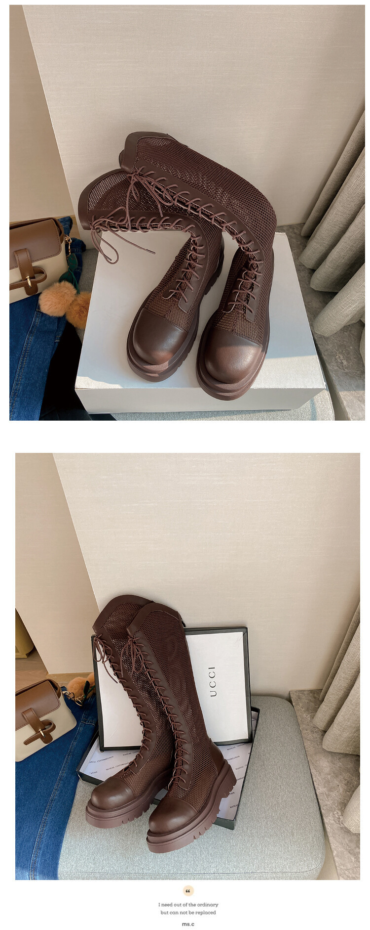 Boot lưới da thật cổ cao đế dày thoáng khí mùa xuân hè phong cách kỵ sĩ buộc dây — Màu nâu ống lớn, Màu đen cổ ống lớn, Ống nhỏ màu đen, Ống nhỏ màu be chi tiết 60