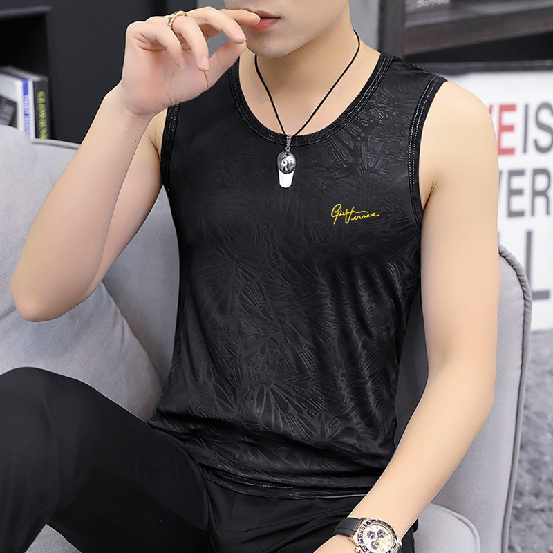 Men's Summer Round Neck Wide Shoulder Ice Silk Vest Sleeveless T-Shirt Ice Silk Slim Bottoming Vest Sports Running Quick Drying
