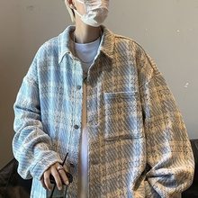 小香风外套男春春季感格子潮牌大码衬衫翻领帅气情侣宽松夹克