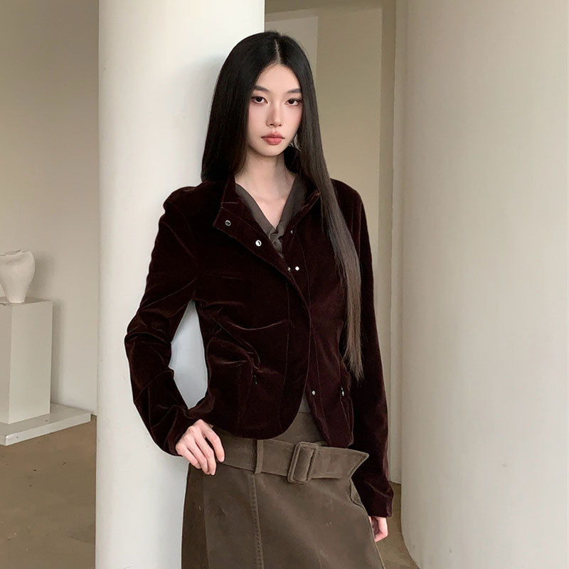 Short Jacket for Women with Unique Design, Velvet, Small Stand Collar, Short Style, Three-Dimensional Pockets, Waist-Cinching, Slimming Jacket Top for Autumn