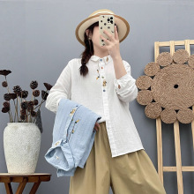 日系森女刺绣文艺减龄长袖纱棉衬衣女 秋季学院风休闲衬衣上衣