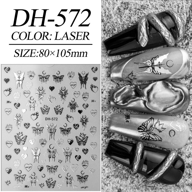 液体シルバー蝶ネイルアートステッカーフラットホットガールダークスタイル紙溶岩星と月ネイルステッカージュエリー DH スタイル|undefined